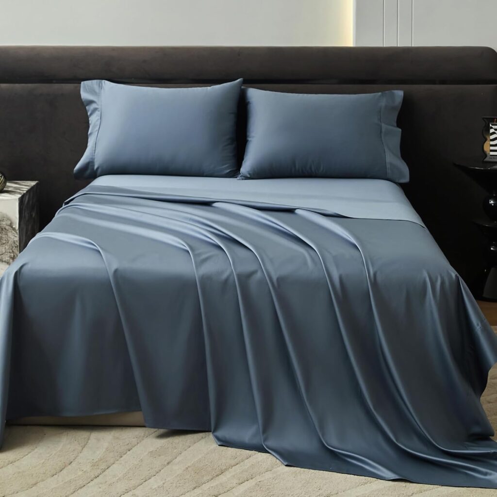 PURE ERA Sheet Set 800 Thread Count Long Staple Cotton Sateen Silky Soft Smooth Hotel Luxury 4 Piece Bed Sheets Set Queen Size, Deep Pocket up to 16 (Flint Blue, Queen)