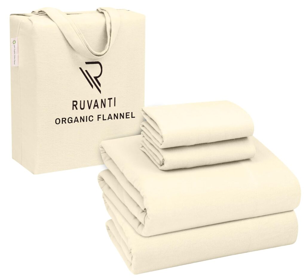 RUVANTI Organic Flannel Sheets Full Size - 100% Cotton Double Brushed Bed Sheet Set - Deep Pocket 16 Inches - All Seasons Breathable, Extra Soft, Warm  Cozy - 4 Pieces - Winter White