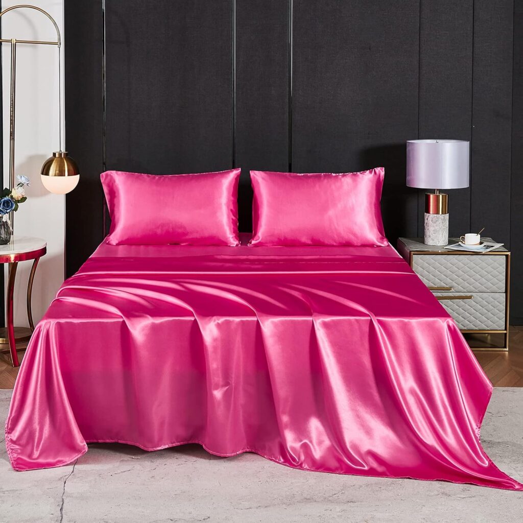 Satin Sheet Set Twin Size, Silk Like Hot Pink Bedding Sheet, Luxury Silky Bed Sheet Set with 1 Deep Pocket Fitted Sheet  1 Flat Sheet  2 Pillowcases (Twin, Hot Pink)