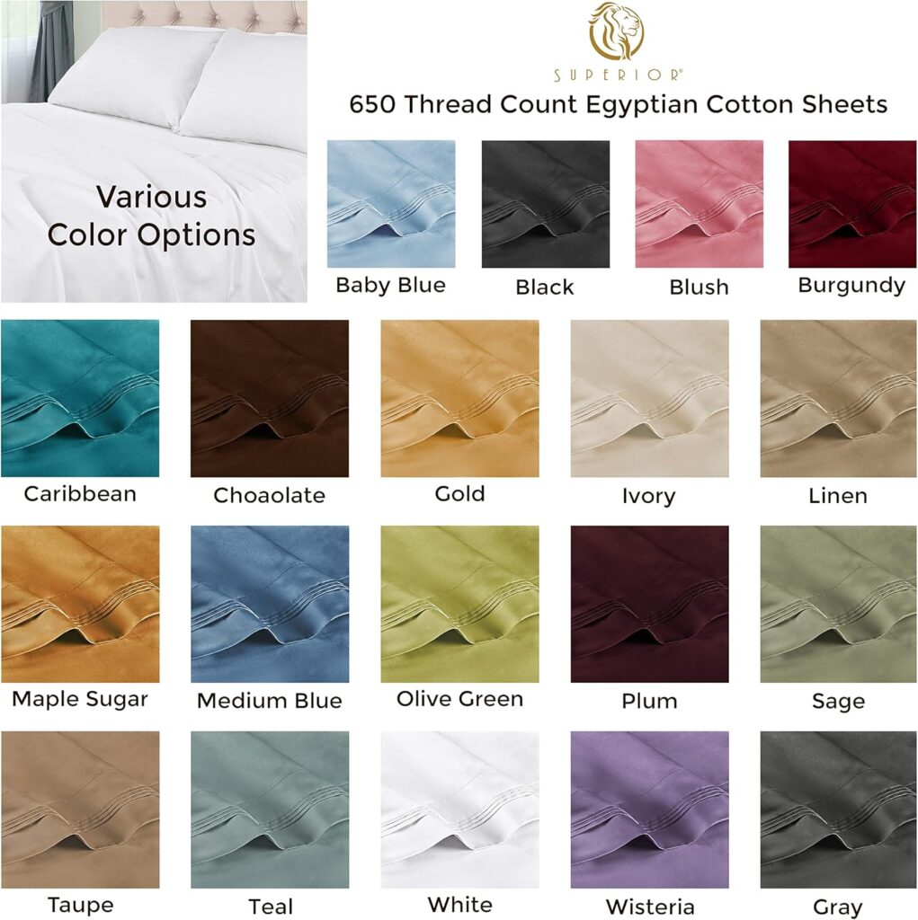 Superior Egyptian Cotton 4 Piece Sheet Set, 650 Thread Count, Modern Design, Sustainable Sheets, Ultra-Soft Basics, Solid, Deep Pocket Fitted Sheet, Flat Sheet, Pillowcases, Queen, Ivory