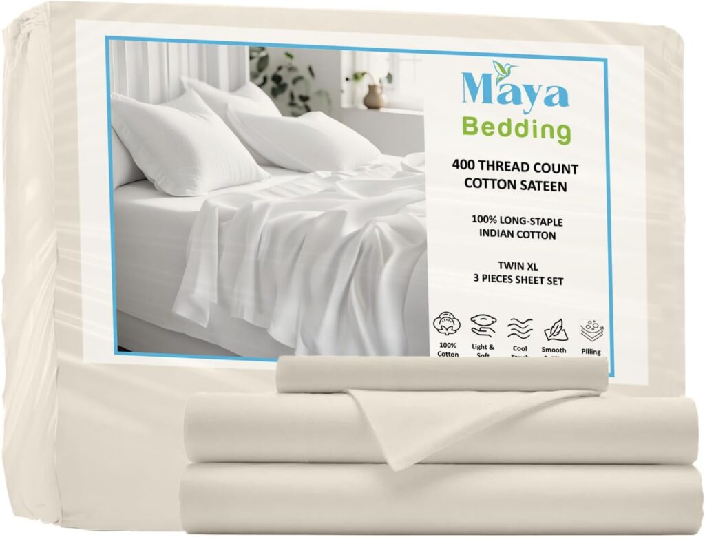 Twin XL 100% Cotton Bedsheet Set (3Pcs) - Pearl Ivory - 400 Thread Count Sateen Weave, Snug Bottom Deep Pocket Fitted Sheet, Fade Resistant  Envelope Closure Pillowcase