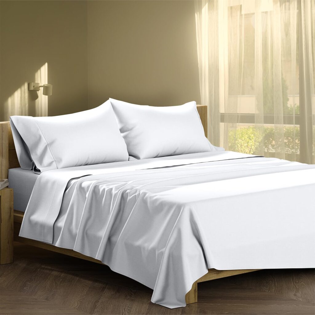 XOOX Linen 100% Cotton Sheets for Queen Size Bed - 500 Thread Count 4 PC White Cotton Sheets, 16 Deep Pocket Sheet Set, Cooling Sheets Queen Size for Hot Sleepers, Soft, Breathable Sheet