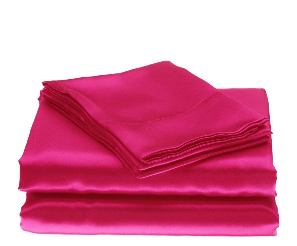 100% Pure Silk Solid Color Soft Silky Satin Luxurious  Hotel Quality 4 Pcs (1 Flat + 1 Fitted + 2 Pillowcases )Sheet set Free Fitted Sheet Straps Fit Up to 11 Inch Deep pocket (Twin XL, Hot Pink)