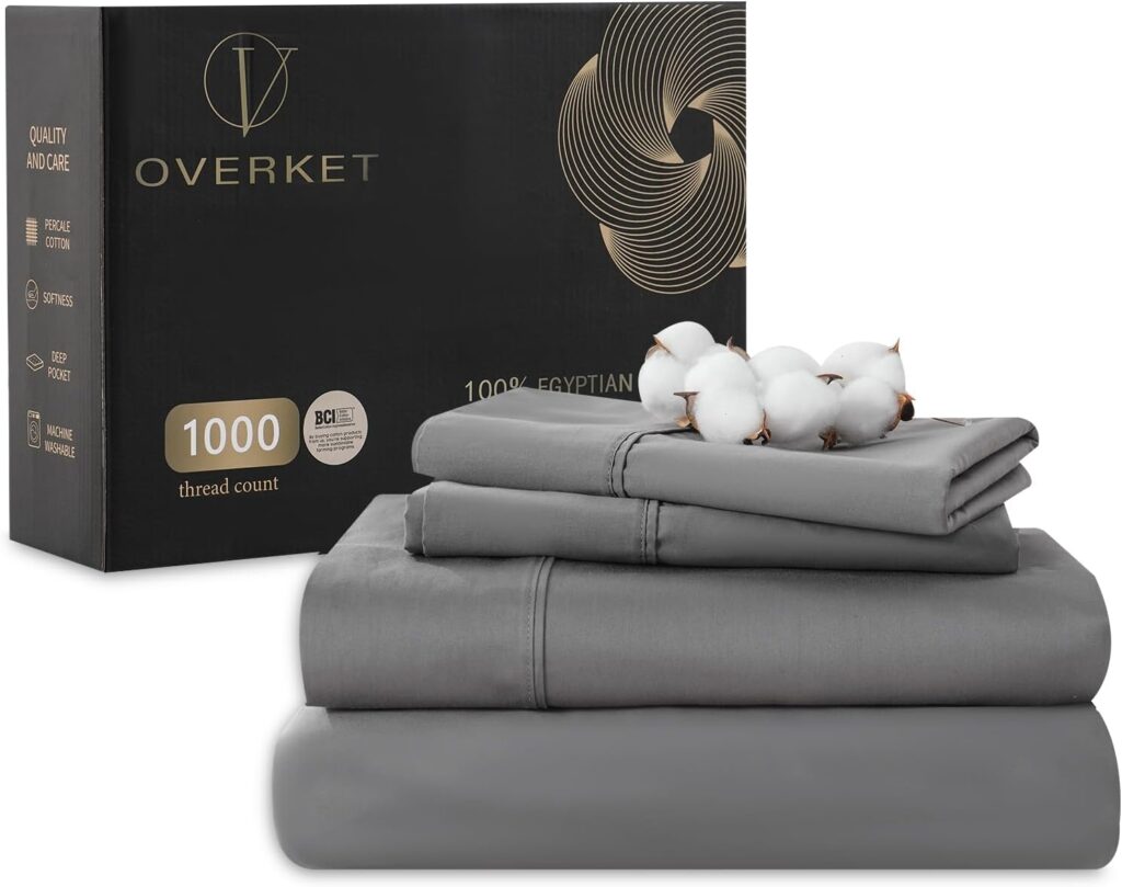 1000 Thread Count Egyptian Cotton Sheets Queen Size Set Sateen Weave Soft Breathable 16-Inch Deep Pocket 4PCS（Queen,Dark Grey）