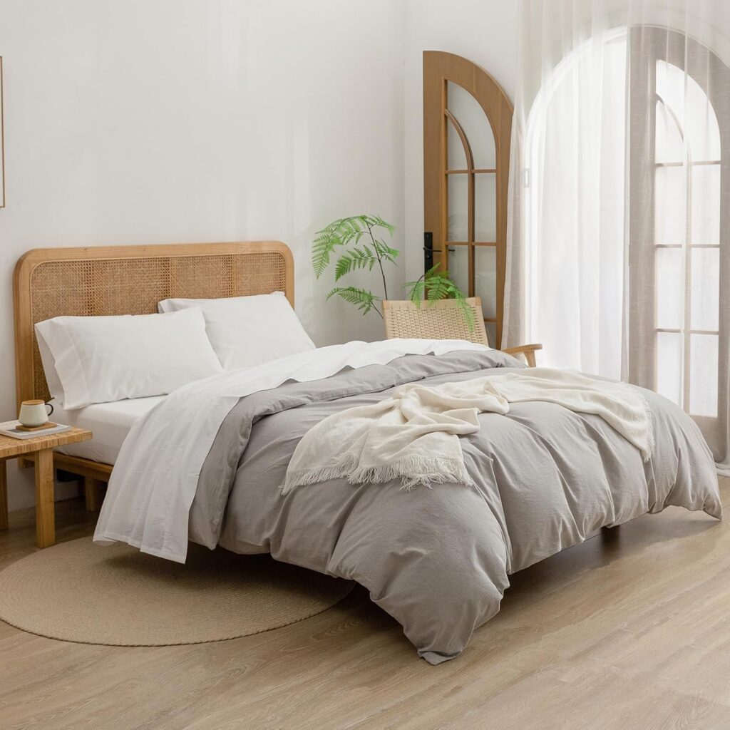 BESTOUCH Sheet Set 100% Washed Cotton Linen Feel Super Soft Comfortable Chic Lightweight 4 Pcs Home Bedding Set Solid Almond Milk Grey Queen