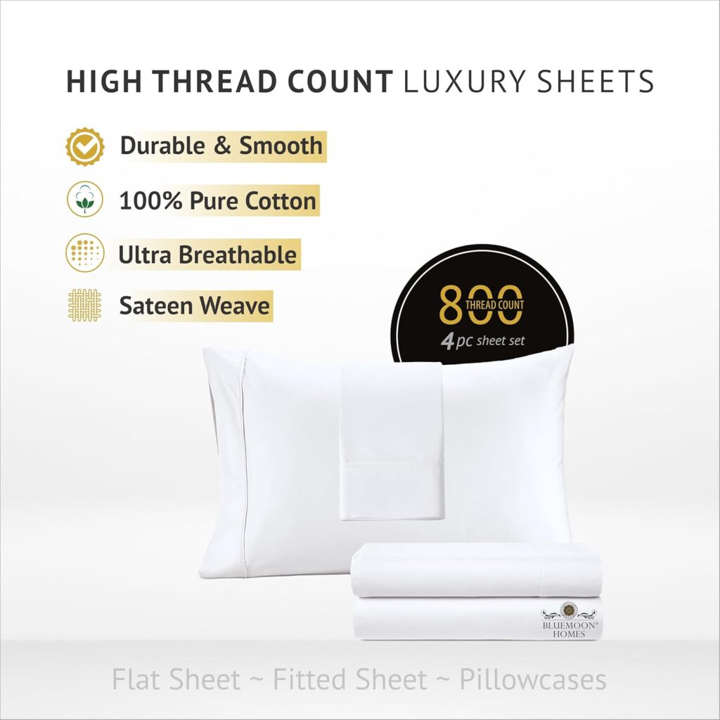 Bluemoon Homes King Sheet Sets 800 Thread Count 100% Egyptian Cotton Sheets - Extra Long-Staple Cotton King Sheets, Fits Mattress Upto 18 Deep Pocket, Sateen Weave, Soft Cotton Bed Sheets Set(White)