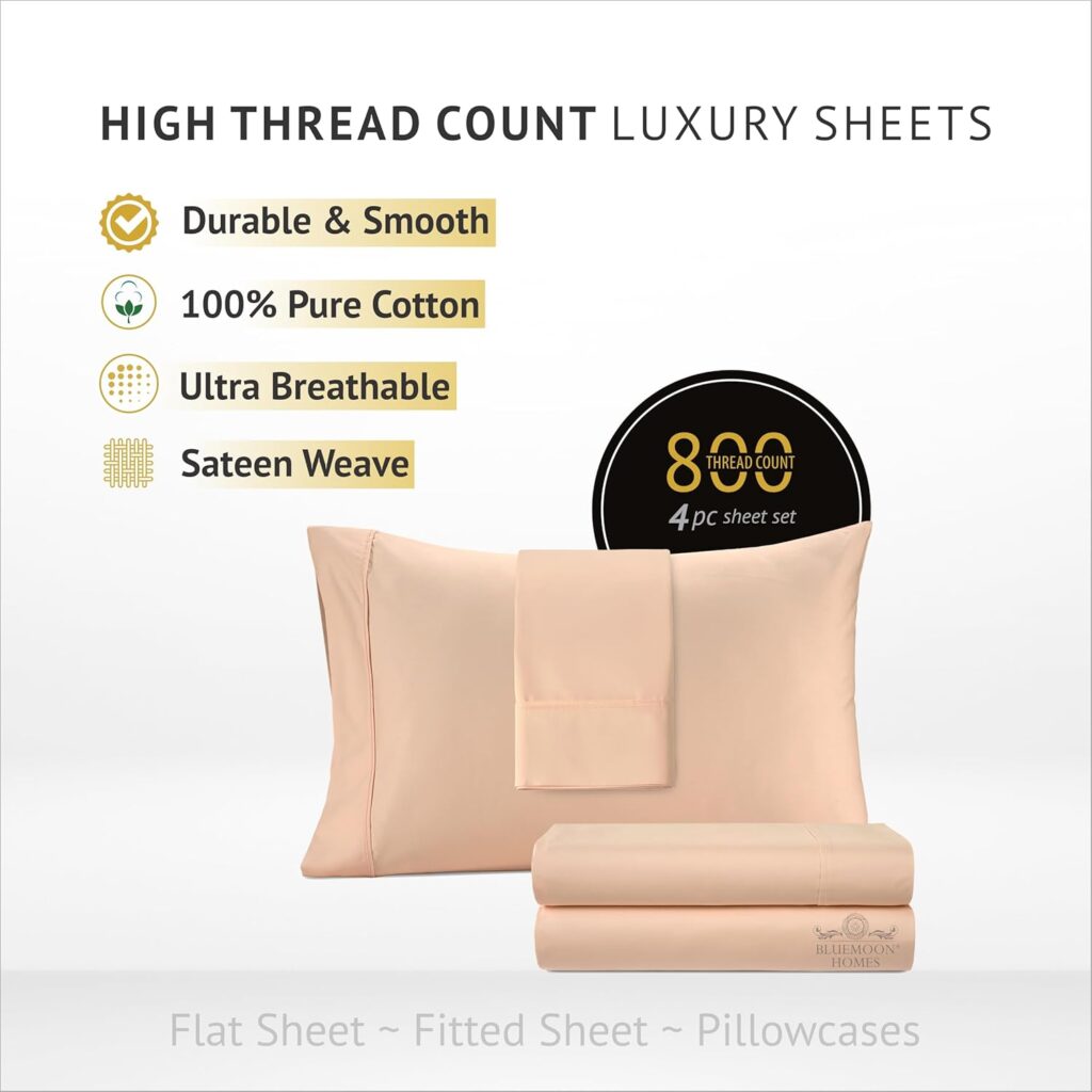 Bluemoon Homes King Sheet Sets 800 Thread Count 100% Egyptian Cotton Sheets - Extra Long-Staple Cotton King Sheets, Fits Mattress Upto 18 Deep Pocket, Sateen Weave, Soft Cotton Bed Sheets Set(White)