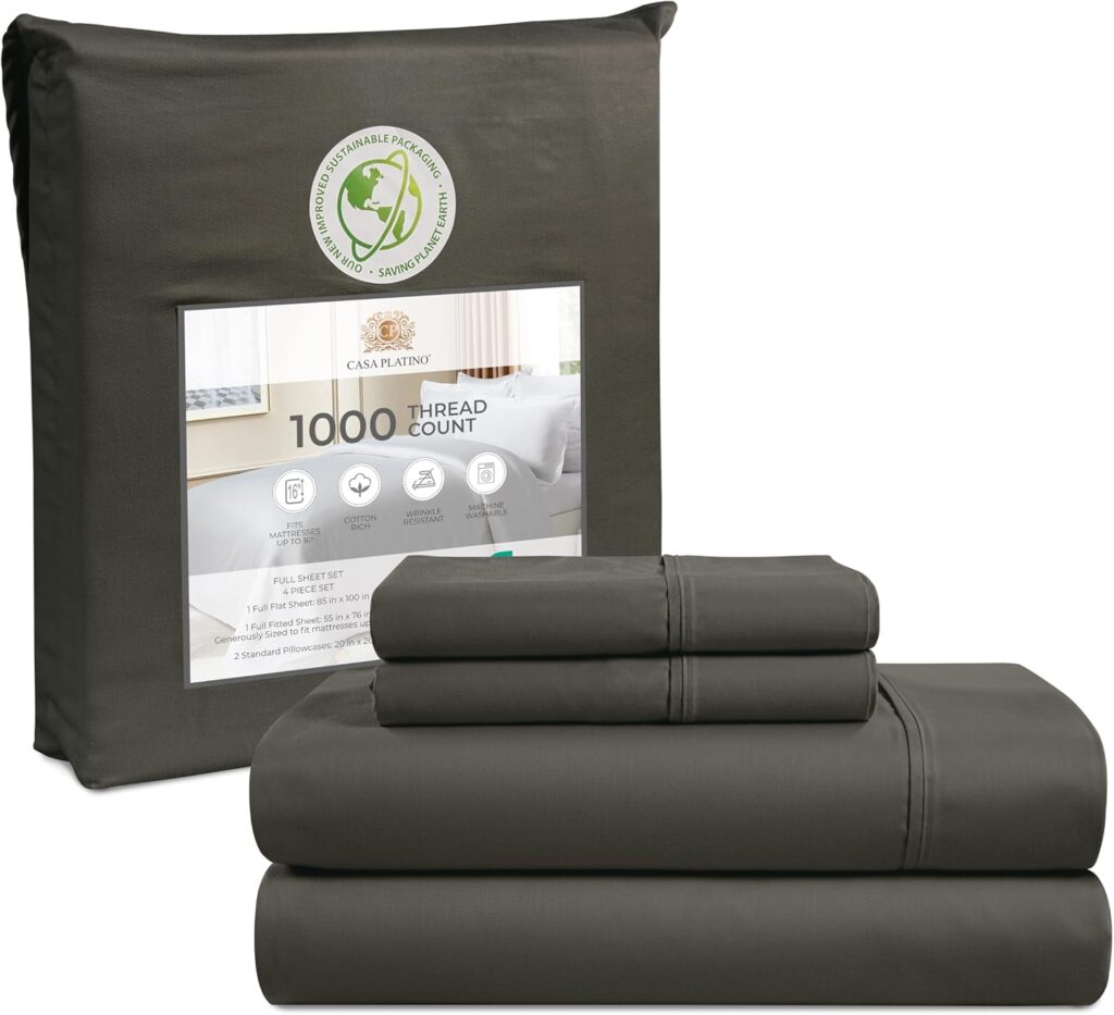 Casa Platino 1000 Thread Count Luxury Cotton Rich Bedding - 4 Piece Set, Soft Hotel Quality Full Size Sheet Sets - Charcoal