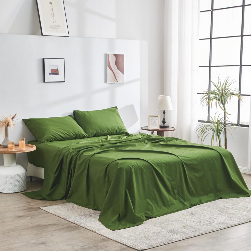 DOZ 100% GOTS Certified Organic Cotton Sheet Set, Crisp Percale Weave, Long Staple, Breathable, Matte Finish, Hotel Style, Durable, 4pc – 2 Pillowcases 1 Fitted 1 Flat (Forest, Queen)