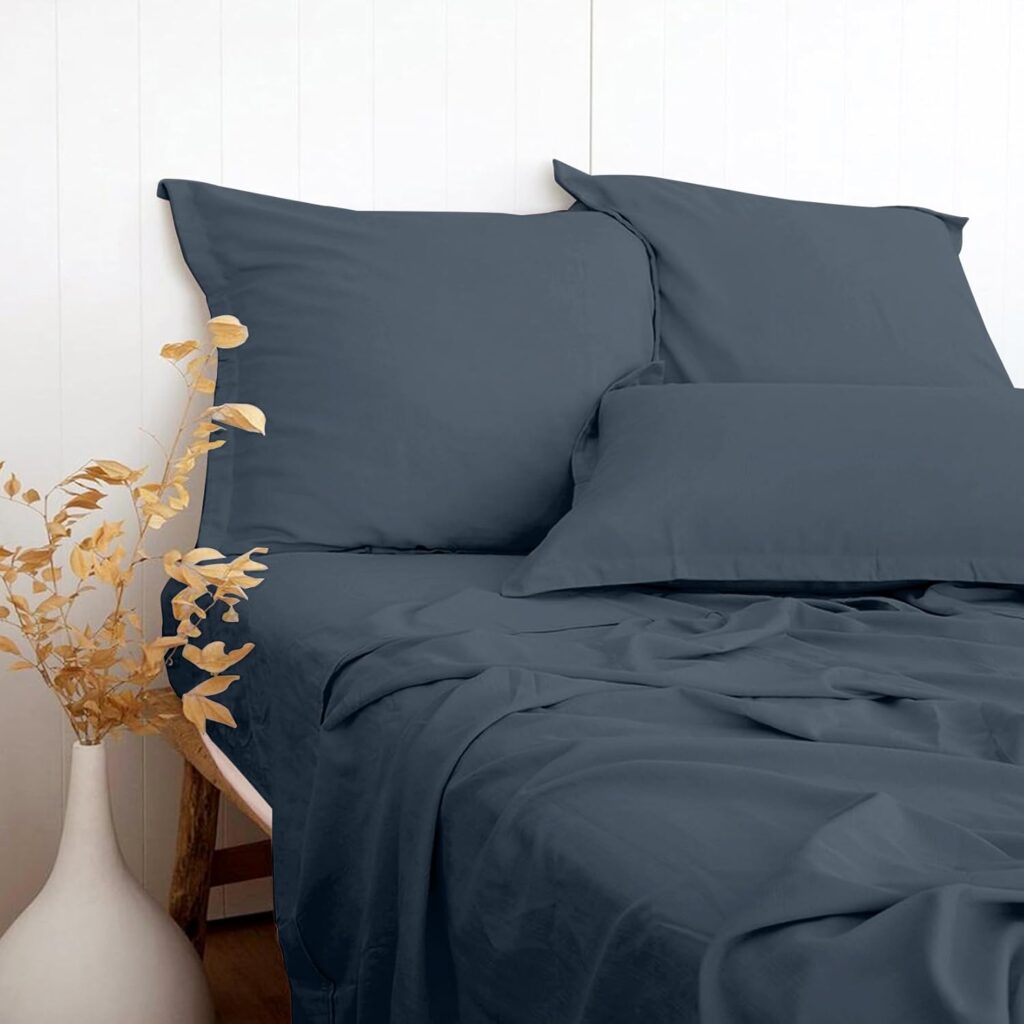 Dusty Blue Linen-Textured Bed Sheets Set, Bamboo Rayon , Cotton , Linen Blend Bed Sheets Queen Size, Soft Cool  Breathable for Hot Sleepers,Durable Natural Organic Bed 15 Deep Pocket - 4 Piece