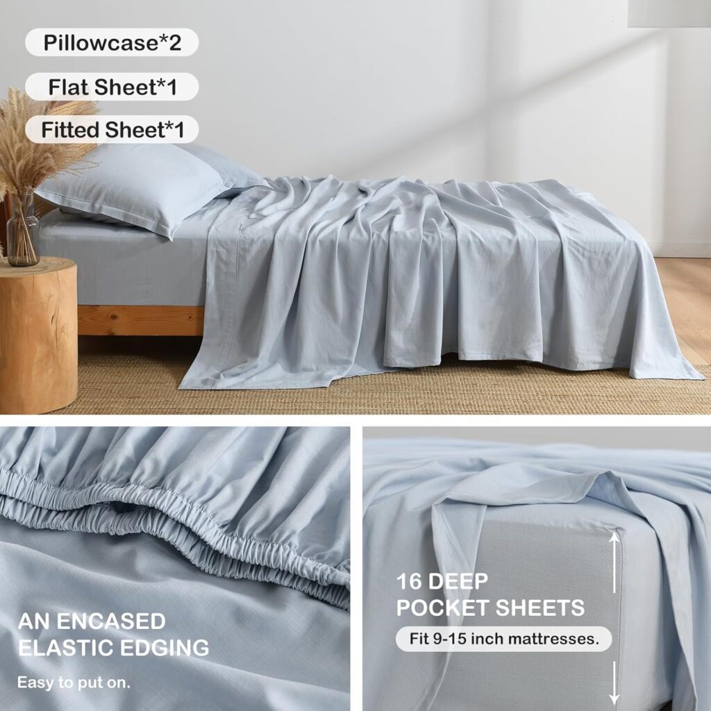 Dusty Blue Linen-Textured Bed Sheets Set, Bamboo Rayon , Cotton , Linen Blend Bed Sheets Queen Size, Soft Cool  Breathable for Hot Sleepers,Durable Natural Organic Bed 15 Deep Pocket - 4 Piece