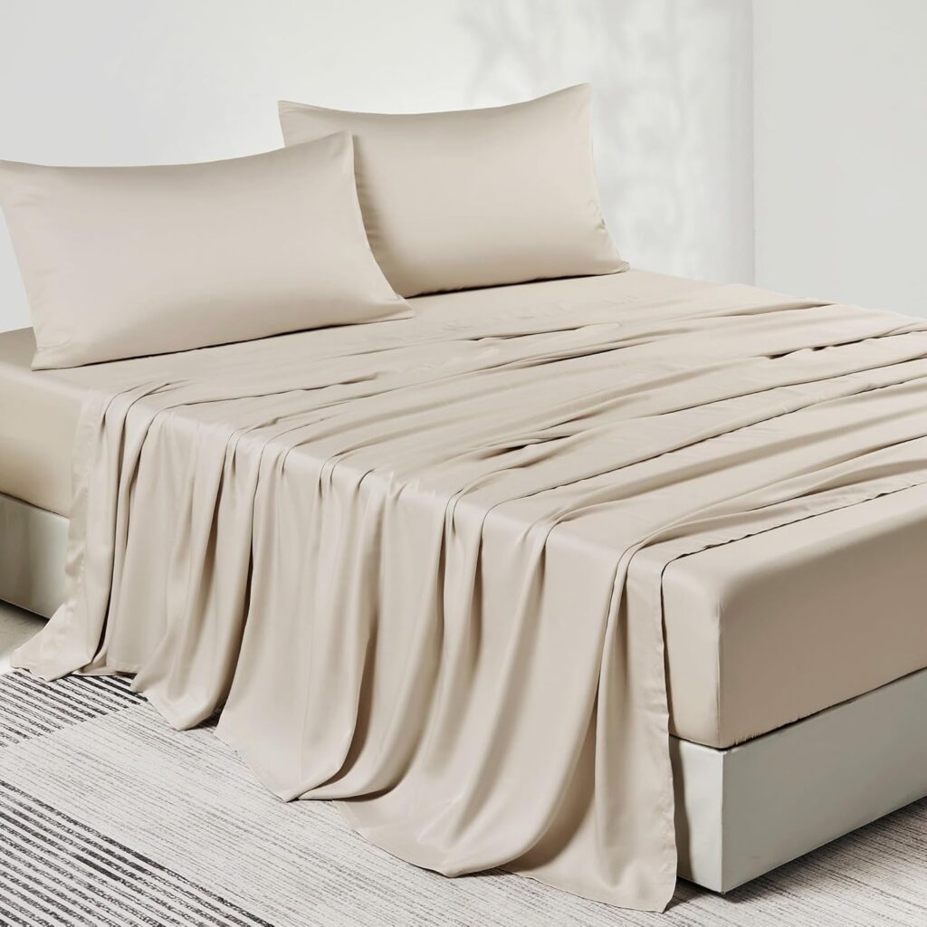 JELLYMONI King Sheet Set, Luxury Rayon Derived from Bamboo, Cooling Bed Sheet Set - Ultra Soft, Breathable, Eco-Friendly, Hypoallergenic - 4 Piece Sheets  Pillowcases, Light Khaki