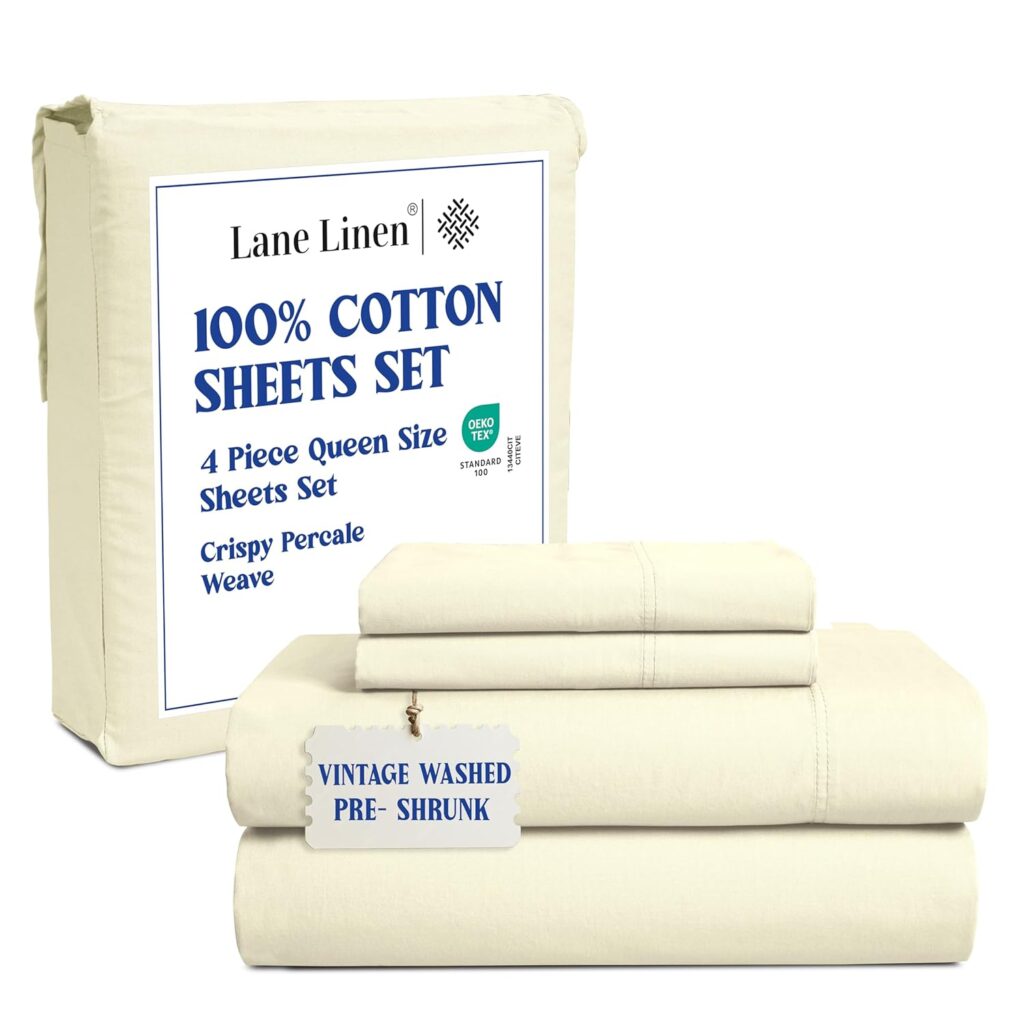 LANE LINEN 100% Cotton Pre Washed Queen Size Bed Sheets - Low Pill Fade Resistant Eco Friendly Percale Queen Bed Sheets, Mercerized Cotton Machine Washable Sheets- Ivory