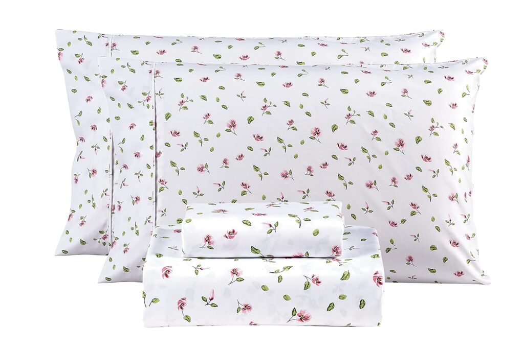 Mooreeke Queen Sheets Set - 4 Pieces Soft Breathable Microfiber Bed Sheet Set - Pink Flower Green Leaf Pattern Sheet Set - Deep Pocket Non-Slip Floral Printed Fitted Sheet Included for All Season