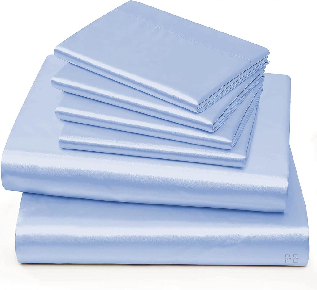 PURE ECO Rich Silk 6 Piece Satin Sheet Set Full XL Size (54x80)+ Upto 12 Inch Deep Pocket Light Blue Color Smooth Soft and Silk Satin Bed Sheets Full XL Size Bedding Set