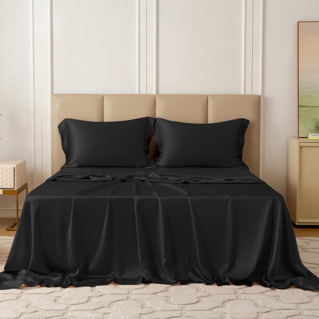 THXSILK Silk Sheet Set 4 Pcs, 22 Momme 100% Top Grade Natural Mulberry Silk Bed Sheets, Luxury Bedding Sets -Ultra Soft Durable, 1 Fitted Sheet, 1 Flat Sheet and 2 Pillow Shams (Queen, Black)