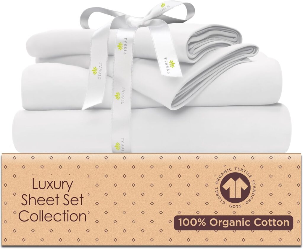 Tissaj Organic Cotton Sheets King Size – Ultra White – GOTS Certified – Durable Luxury Quality – Extra Deep Pockets  Secure Fit – Premium Bedding – Sateen Weave – with Carry Pouch – Set of 4
