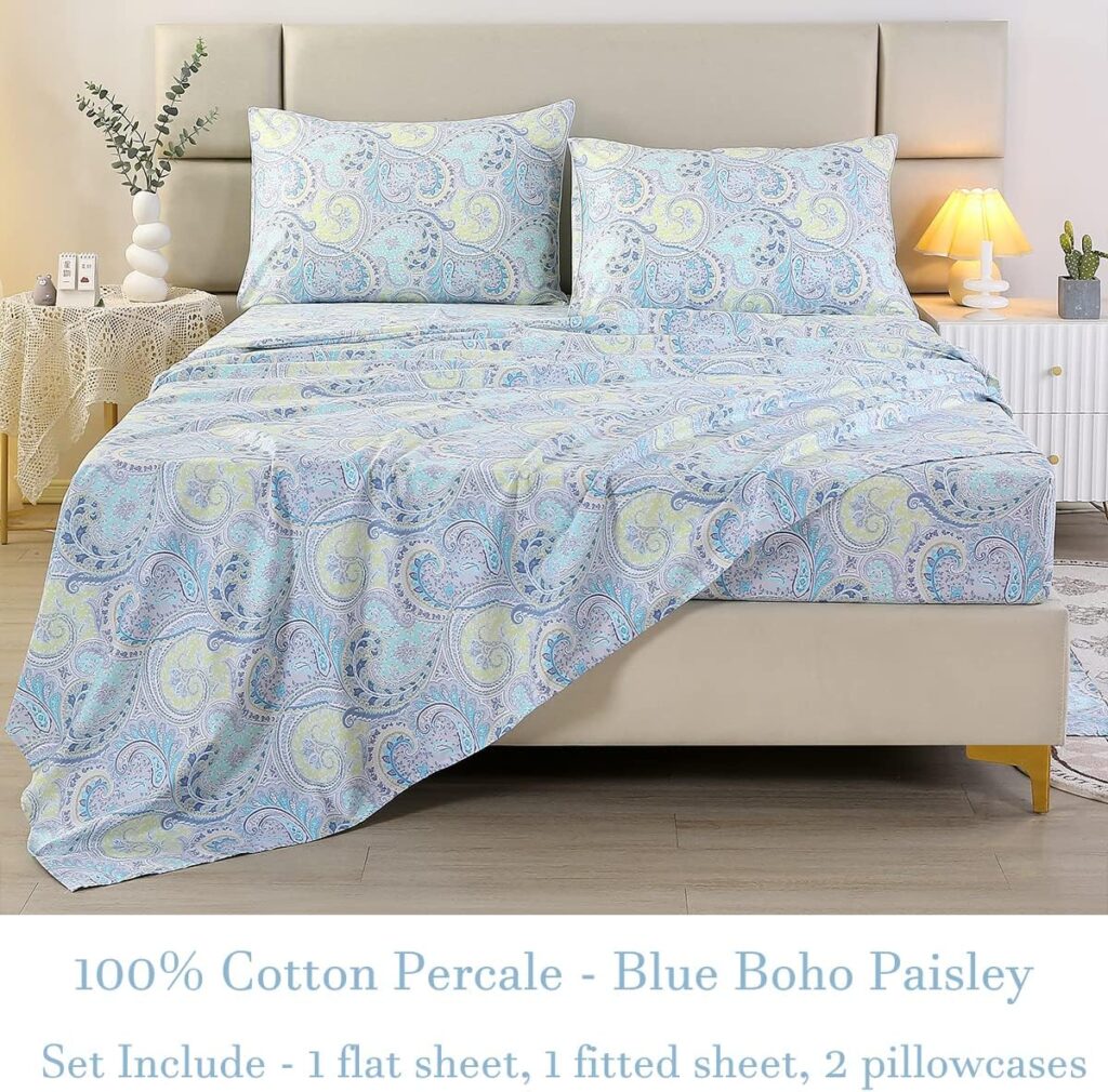 URBONUR Garden Floral Sheets Set 4-Pieces Egyptian Cotton Luxurious Bedding Sheet Set Soft Silky Crisp Percale Sheets Shabby Chic Flowers Bed Linen Set (4Pcs, Queen Size)