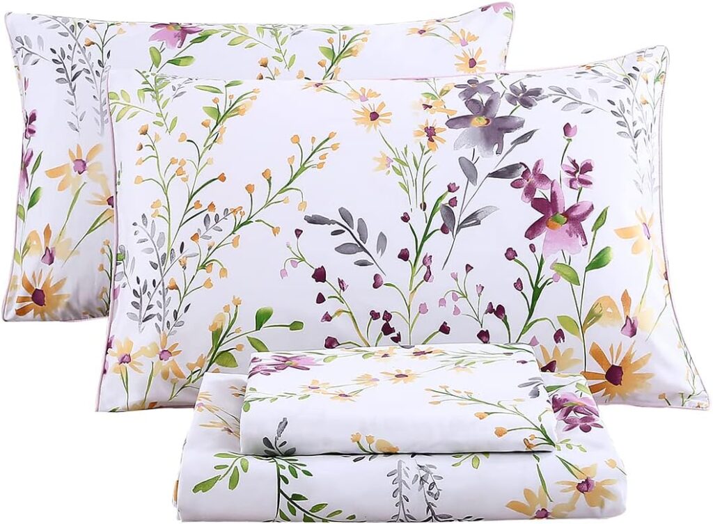 URBONUR Garden Floral Sheets Set 4-Pieces Egyptian Cotton Luxurious Bedding Sheet Set Soft Silky Crisp Percale Sheets Shabby Chic Flowers Bed Linen Set (4Pcs, Queen Size)