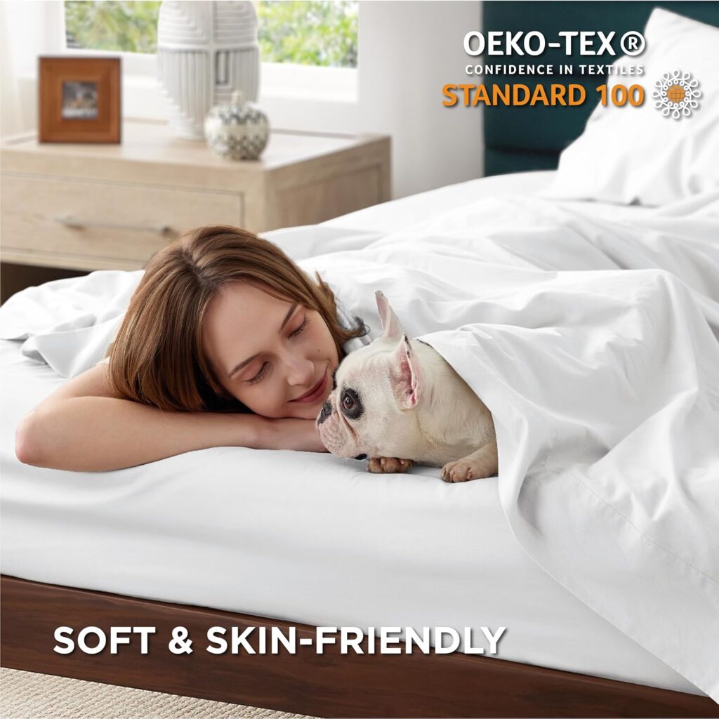 Bedsure 100% Cotton Percale Sheets Queen Size, Queen Sheet Set with Deep Pocket Up to 16 Inches, Breathable  Crirsp Soft, Bedsheet  Pillowcase Sets, 4 Pieces, White
