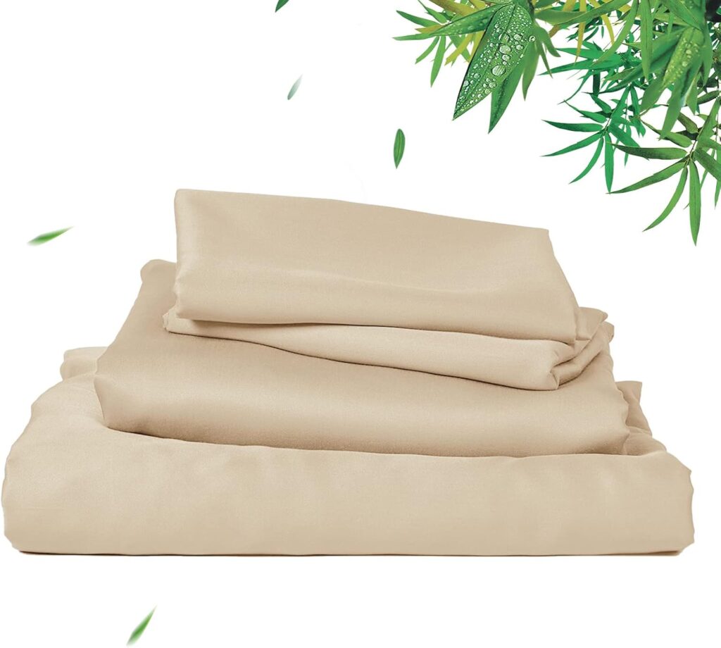 Davids Home 100% Rayon Derived from Bamboo Cooling Sheets Set,Luxury Silky Soft Breathable for Hot Sleeper, 16 Deep Pocket Sheets with Pillowcase for Spring Summer,Queen,Khaki