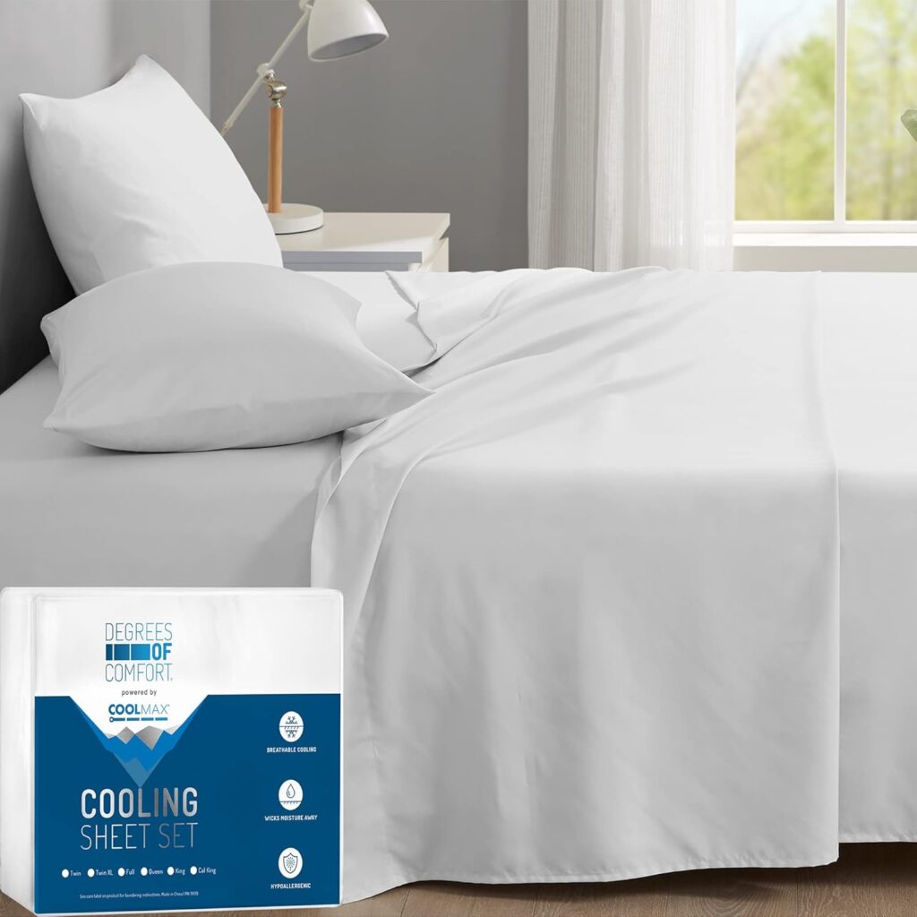 Degrees of Comfort Coolmax King Size Sheets Set, 4 Pieces Hotel Luxury Cooling Bed Sheet for Hot Sleepers, Super Soft, 14 Inch Deep Pocket, White