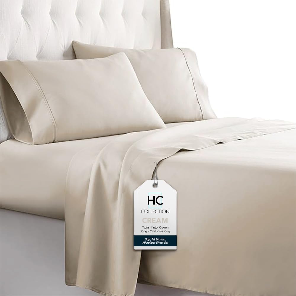 HC COLLECTION Bed Sheets Set Queen with 2 Pillowcases, Hotel Luxury Platinum 1800 Series Brushed Microfiber Deep Pocket Fitted Sheet, Fade Resistant Ultra Soft 4 Pcs Bedding for Hot Sleepers, Cream HC COLLECTION Bed Sheets Set Queen with 2 Pillowcases, Hotel Luxury Platinum 1800 Series Brushed Microfiber Deep Pocket Fitted Sheet, Fade Resistant Ultra Soft 4 Pcs Bedding for Hot Sleepers, Cream
