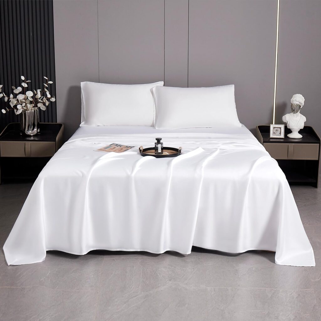 MH MYLUNE HOME Tencel Eucalyptus Lyocell Sheets Queen Size 4 Piece Set Cooling Sheets - Eucalyptus Tencel Bed Sheets 16 in Deep Pocket, Silky Soft Breathable, Body Temp Regulation - White, Queen