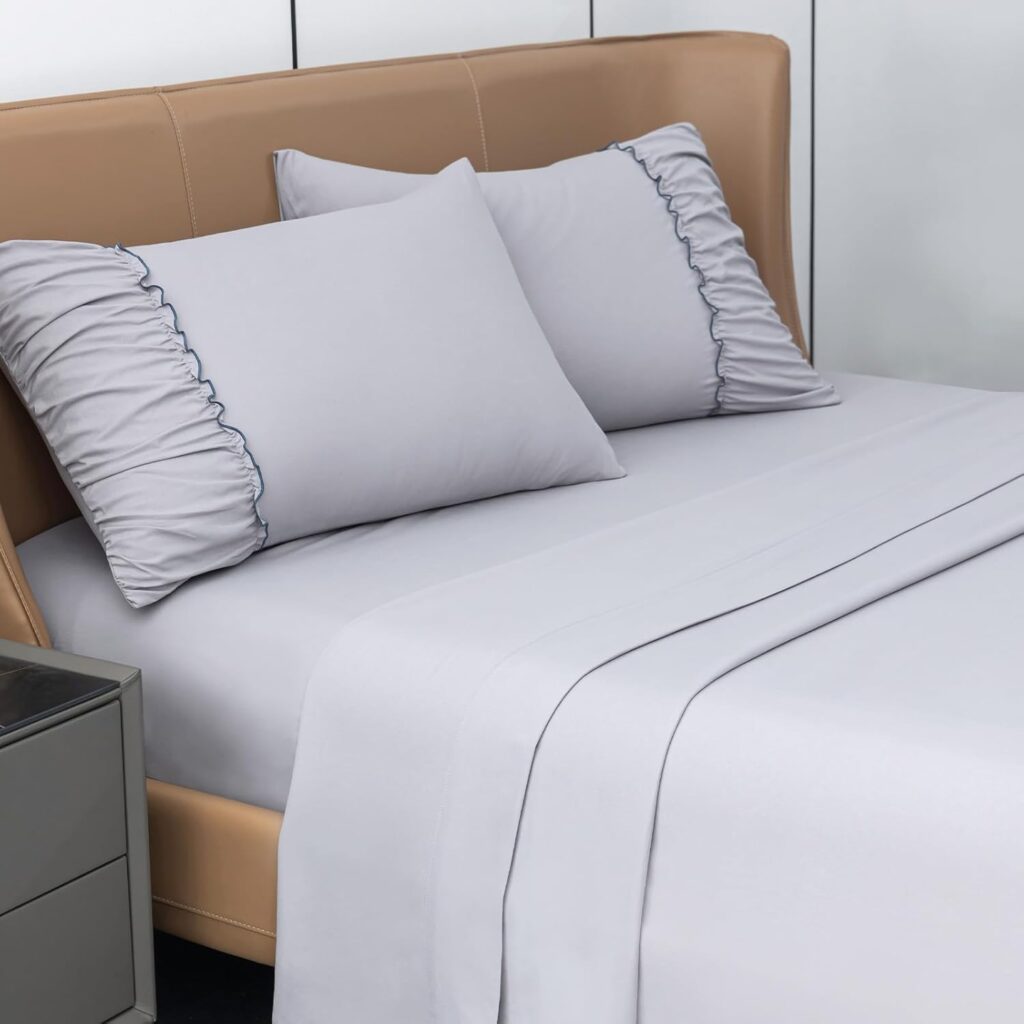 PY HOME  SPORTS Queen Size Bed Sheets Set 4 Piece 1800 Thread Count Bed Sheets Set with Lace Trim Decorated Pillowcase  16 Deep Pocket, Super Soft and Comfortable (Light Gray, Queen)