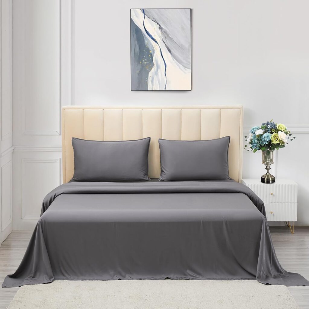Soft Hotel Sheets Rayon 16 Deep Pocket Bed Sheets Cooling Breathable and Silk-Like Full Sheet Set Dark Grey