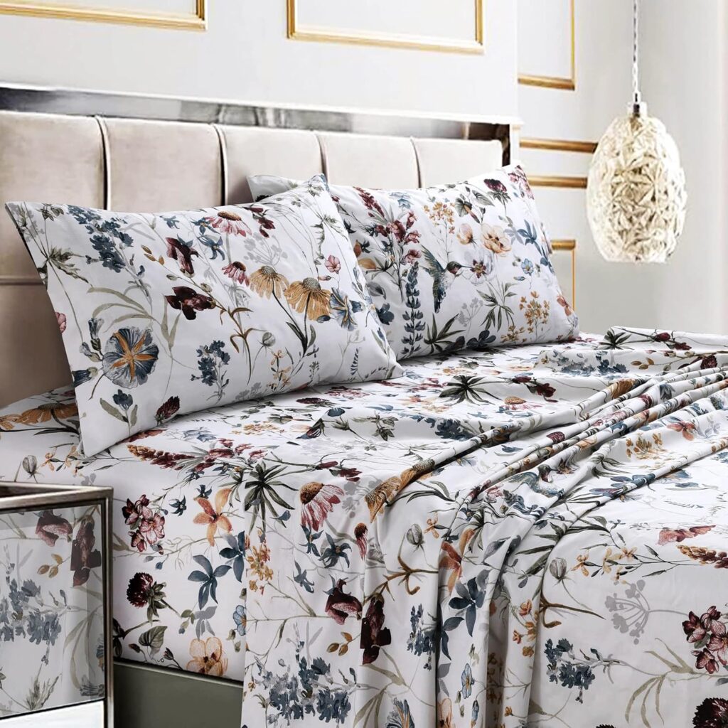 Tribeca Living Queen Bed Sheet Set, 300 Thread Count Soft Cotton Sateen, Floral Print with Extra Deep Pockets, 4-Piece Bedding Set, Amalfi Deep Red/Multicolor