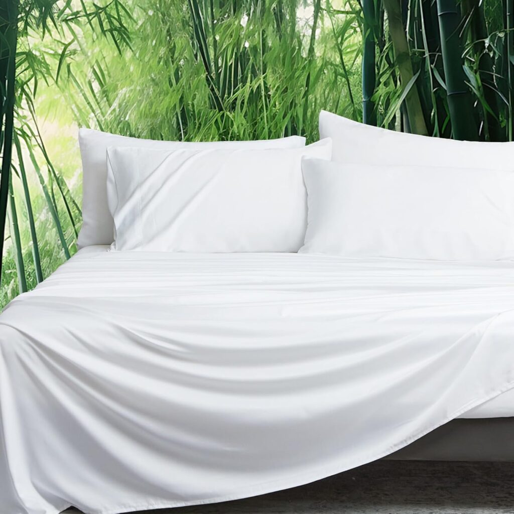 Davids Home 6PCS Cooling Sheets Set Queen Size, 100% Rayon Derived from Bamboo, 16 Deep Pocket 2.5cm Wider Elastic, Luxury Silky Breathable for Hot Sleeper,Breathable Smooth Soft, White