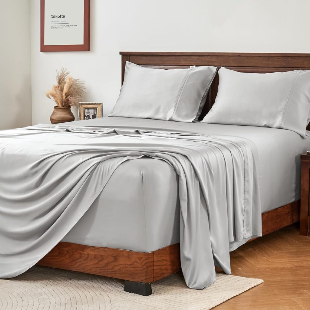 GOKOTTA 4-Pcs Queen Sheet Set, 18-24 Extra Deep Queen Sheets with Elastic Corner Straps - 100% Rayon Derived from Bamboo - 300 High Thread Count Ultra Soft Hotel Luxury Sateen Weave, Grey