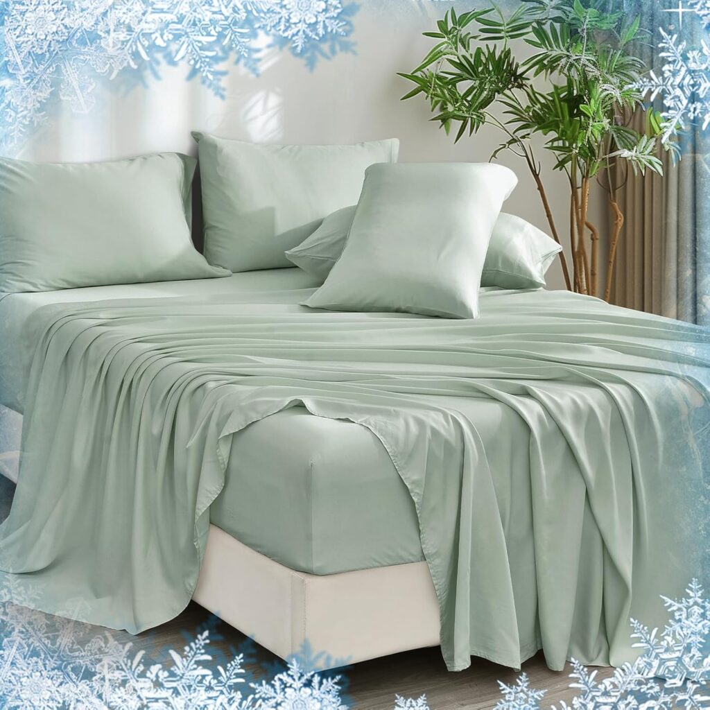 PHF 6PCS Cooling Sheets Set King Size,100% Rayon Derived from Bamboo for Hot Sleepers Summer,Wider Elastic Band  16 Inch Deep Pockets,Luxury Silky Soft Breathable Bedding SetPillowcases,Sage Green