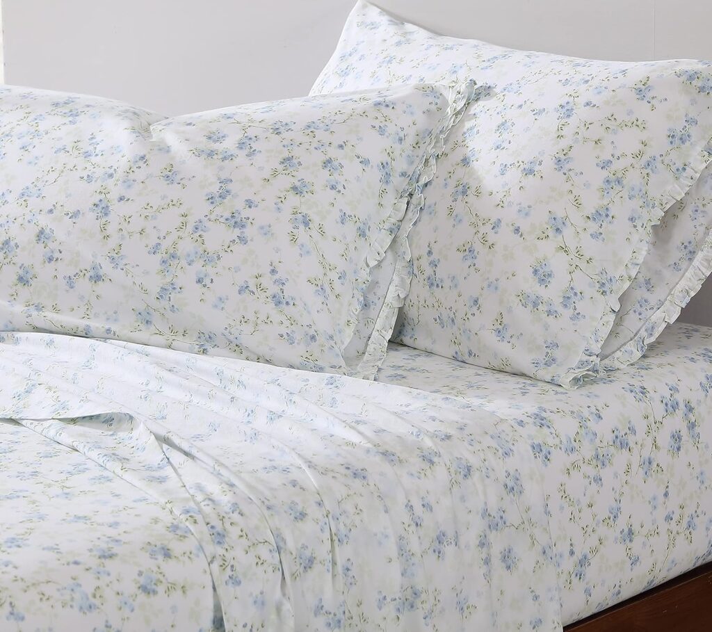 Shabby Chic® - Twin Sheets, Soft  Breathable Organic Cotton Bedding Set, Floral Home Decor with Ruffled Pillowcase (Ella Blue, Twin)
