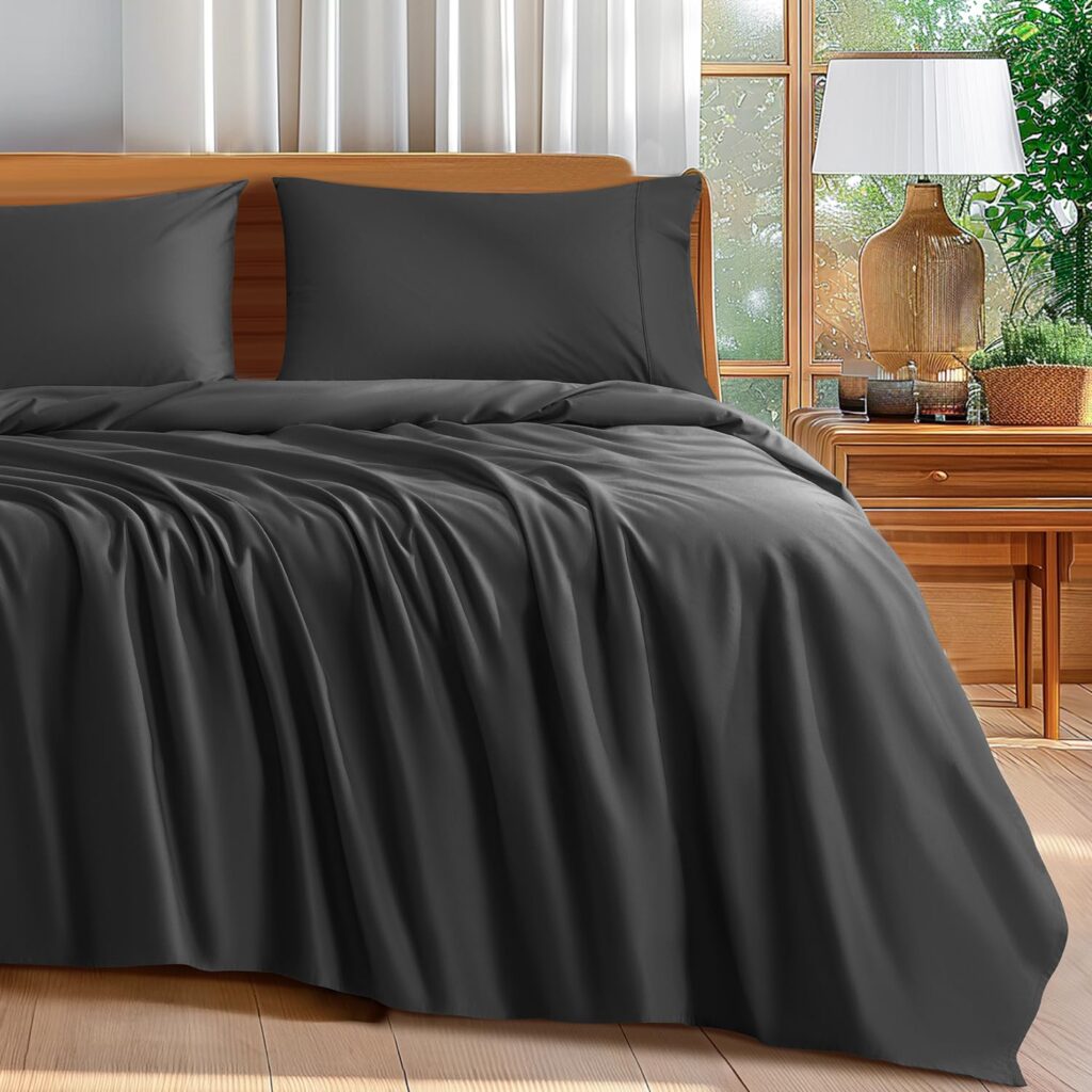 Shilucheng 100% Cotton King Size Sheets Set - 600 Thread Count，Luxury Egyptian Cotton Bed Sheets，5-Star Hotel Quality Sheets, Breathable  Cooling, 16 Inch Deep Pocket - 4 Piece (Black, King)