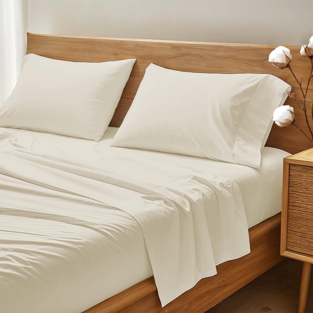 THREAD SPREAD 100% Organic Cotton Bed Sheet Set - Crisp and Cooling Percale Weave, Soft Breathable, Eco-Friendly, 4 Piece Bedding Set, Deep Pocket with All-Around Elastic, (King, Ivory)