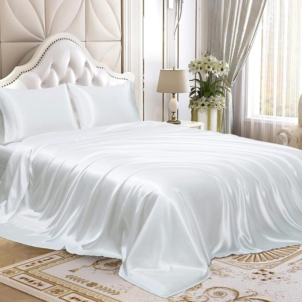 100% Satin Silk Bedding Set with 10-12 Deep Pockets, Cooling Soft, King 76 X 80 4 Piece Sheet Set White Solid 100% Satin Silk Bedding Set with 10-12 Deep Pockets, Cooling Soft, King 76 X 80 4 Piece Sheet Set White Solid