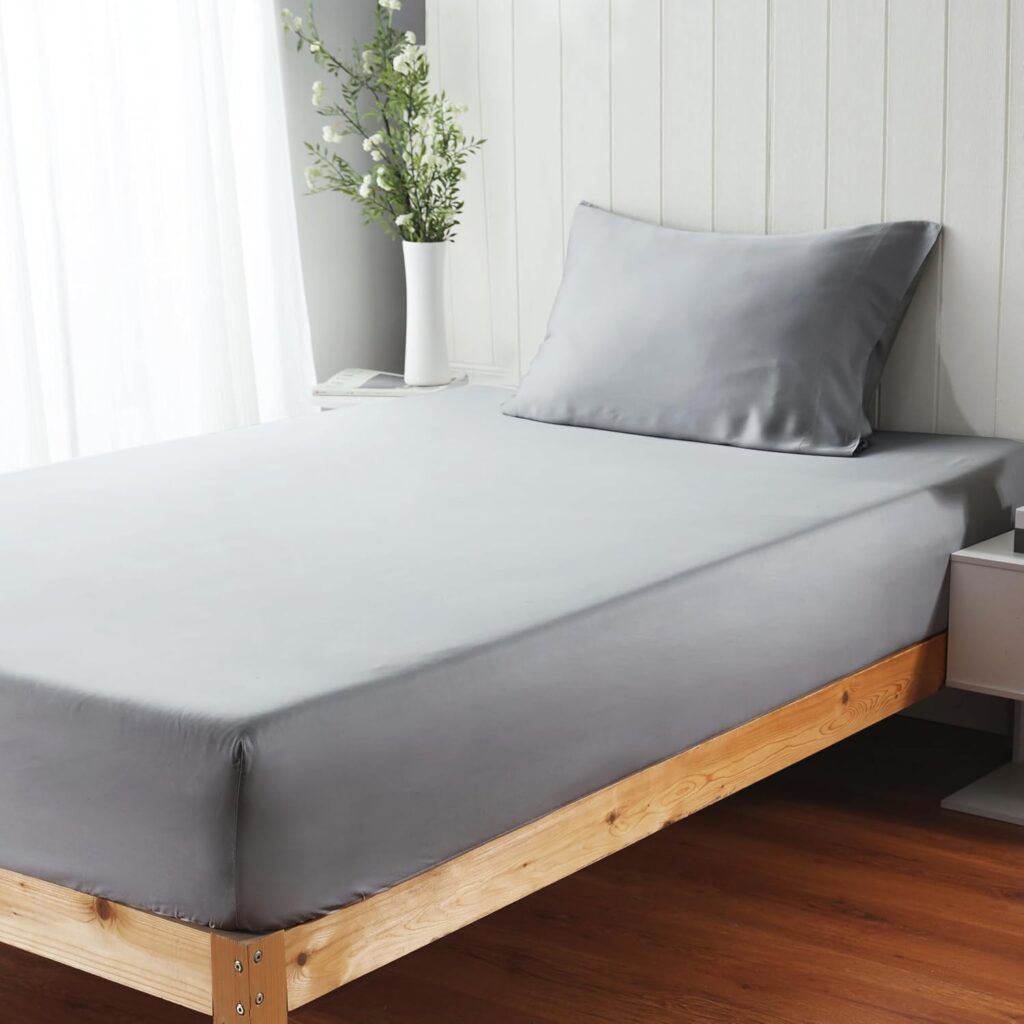 100% Viscose Derived from Bamboo Fitted Sheet Set 2 Piece - 1 Pillowcase 1 Fitted Sheet with 16 Deep Pocket, Hotel Luxury Silky Bedding, Ultra Soft, Cooling for Hot Sleepers(Gray Twin XL)