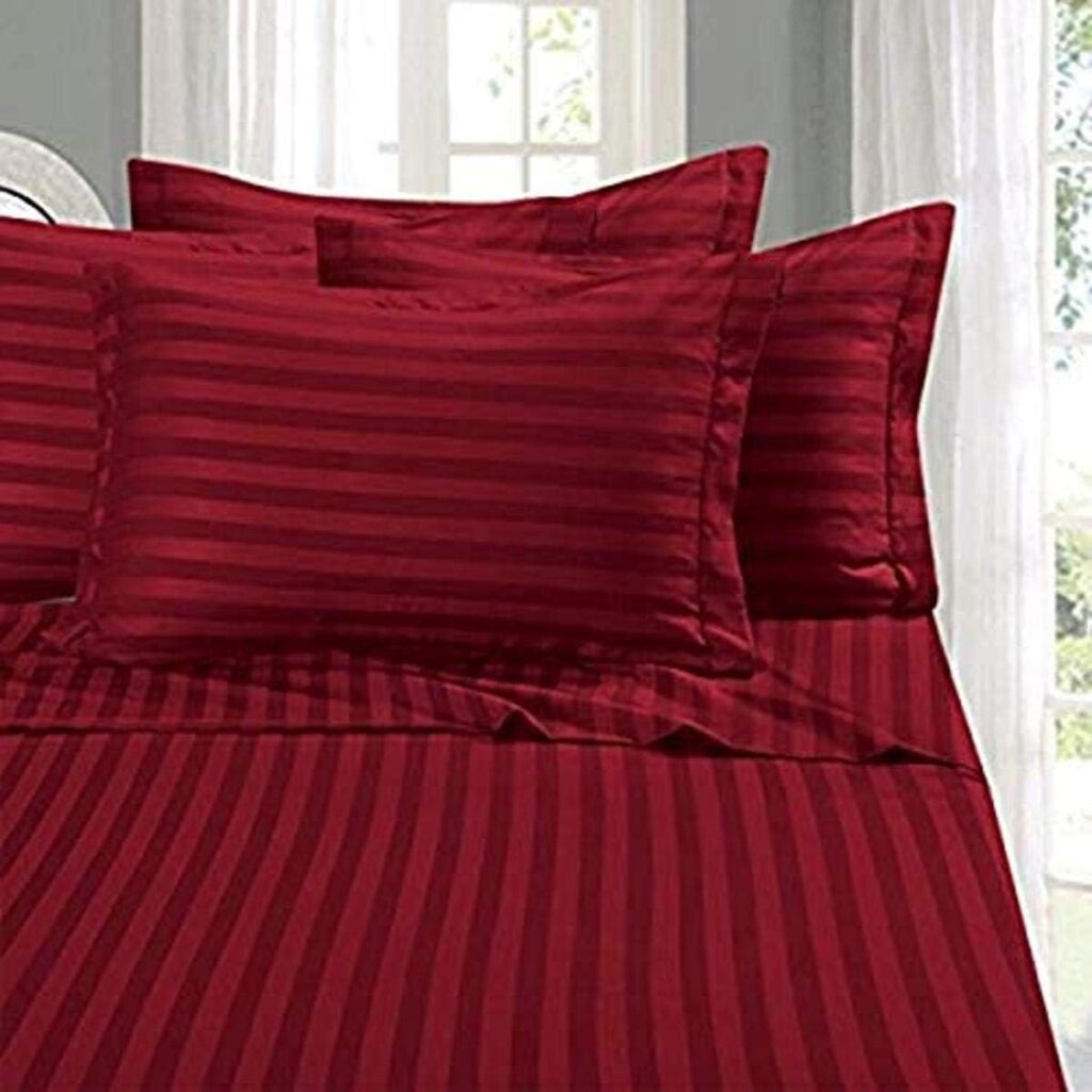 Elegant Comfort Wrinkle  Fade Resistant 1500 Premier - Damask Stripes Hotel Quality Luxurious Silky Soft 4pc Sheet Set, Up to 16 Deep Pocket, Queen, Burgundy