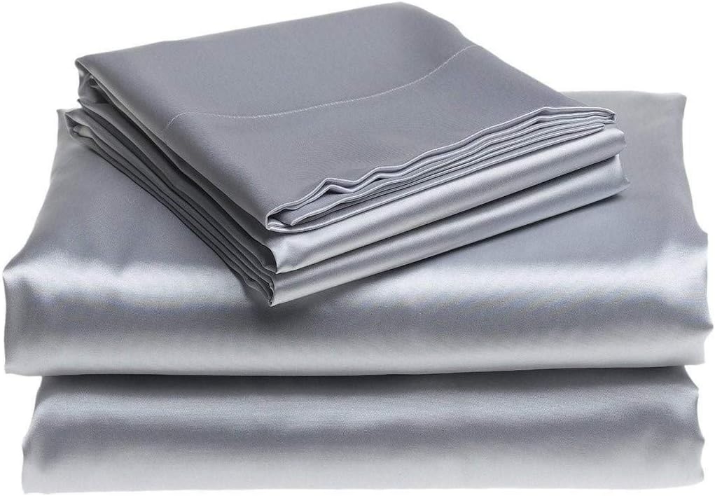 Italian Luxury Mulberry Silk Sheet Set- Solid Bed-Sheet Set- 4-Piece Bedding Set- Pure 30 Momme 14- 18 (Inch) Deep Pockets, Elastic Bounded - Oeko-Tex Standard (Queen, Silver)