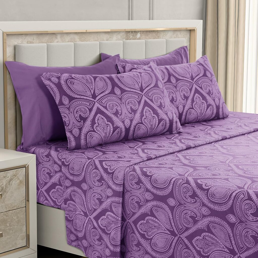 LUX Décor Paisley King Sheet Set – 6 Piece Ultra-Soft Microfiber Bed Sheets with Flat Sheet, 16 Inches Deep Pocket Fitted Sheet  4 Pillowcases, Breathable, Bedroom Decor, Oeko-TEX – Purple