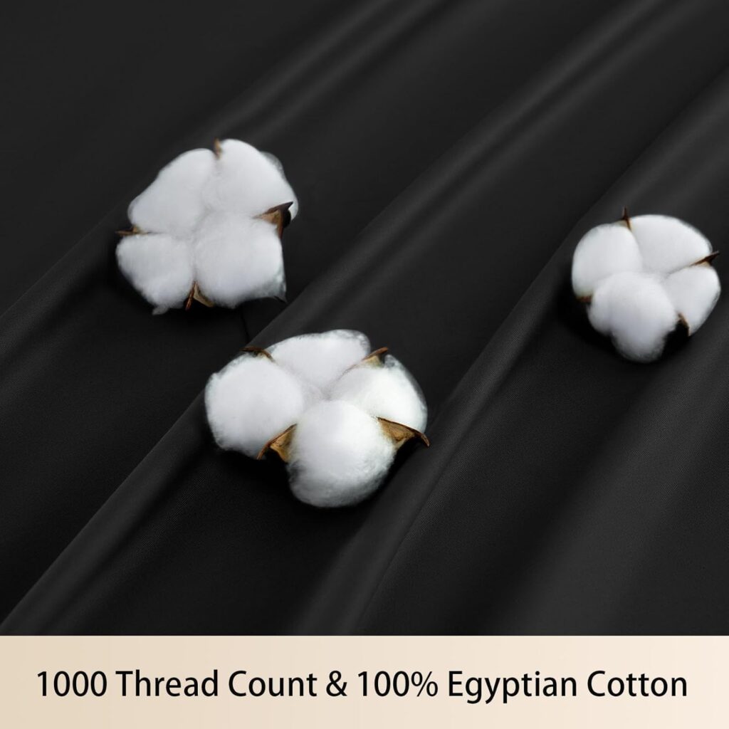 MEISHANG Extra Deep Pocket Queen Sheets Cotton - 1000 Thread Count Sheets - Fits 18-24 in Deep Mattress,100% Egyptian Cotton,Sateen Weave, Soft  Breathable - 4 Piece (Queen, Black)