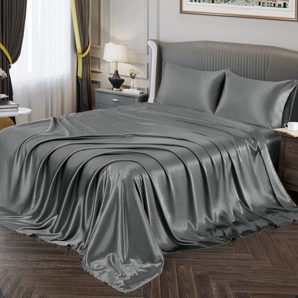 Royal Home Collection 4 Pcs Silky Bedding Set 600 Thread Count Silky Satin Sheet Set Twin XL Size, Fits Mattress Upto 20 Deep Pocket, Silver Grey Solid Royal Home Collection 4 Pcs Silky Bedding Set 600 Thread Count Silky Satin Sheet Set Twin XL Size, Fits Mattress Upto 20 Deep Pocket, Silver Grey Solid
