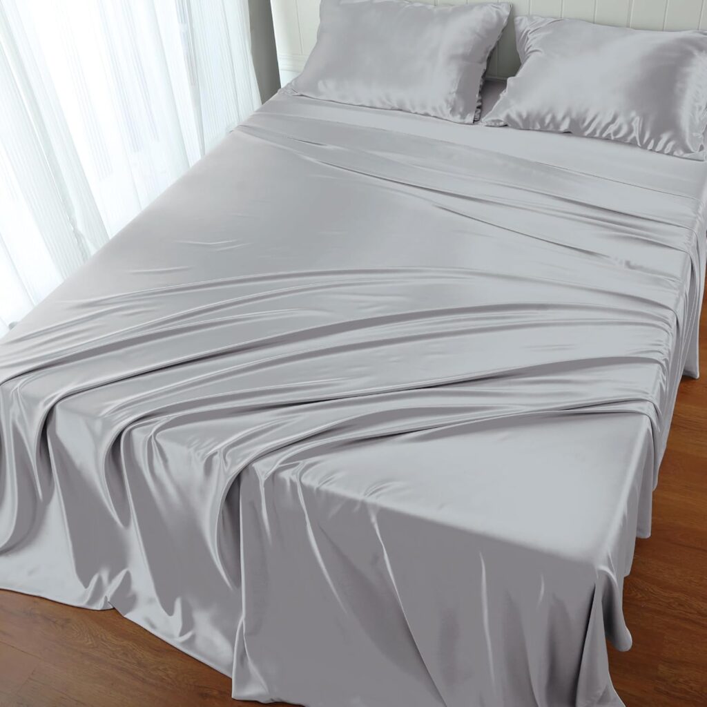 Shunjie.Home King Bed Sheets Set 4 Pieces Viscose Derived from Bamboo, 400 Thread Count Cooling Bed Sheets, Breathable, Soft  Silky Sateen Weave Fits Mattress 8 Up to 16 Deep Pocket (Gray, King)