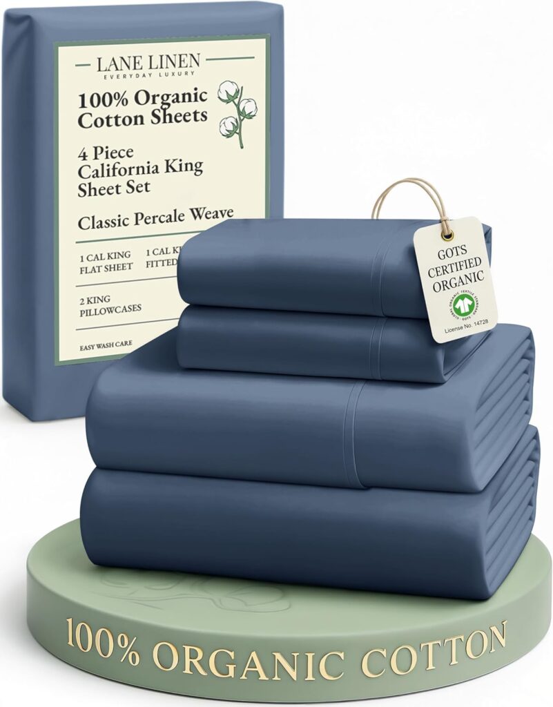 LANE LINEN 100% Organic Cotton Sheets for California King Size Bed - Soft Percale Sheets, Breathable Luxury Hotel Style Fully Elasticized Mercerized 15 Deep Pocket Cal King Sheet Set- Estate Blue