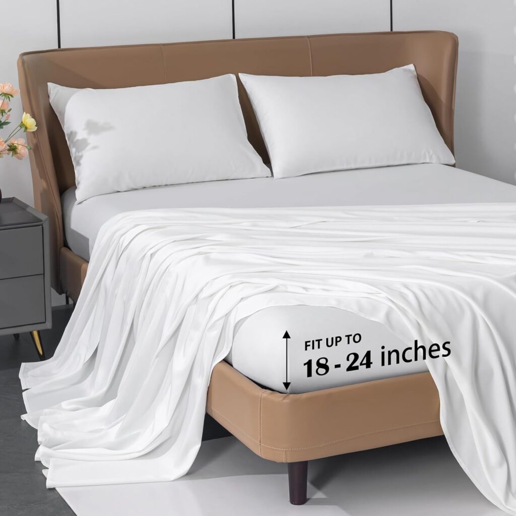 Levoo Cooling Sheets Rayon Derived from Bamboo 18-24 Extra Deep Pocket Queen Sheets Cooling Sheets for Hot Sleepers Silky Soft 4Pcs Bed Sheets(Queen, White) Levoo Cooling Sheets Rayon Derived from Bamboo 18-24 Extra Deep Pocket Queen Sheets Cooling Sheets for Hot Sleepers Silky Soft 4Pcs Bed Sheets(Queen, White)